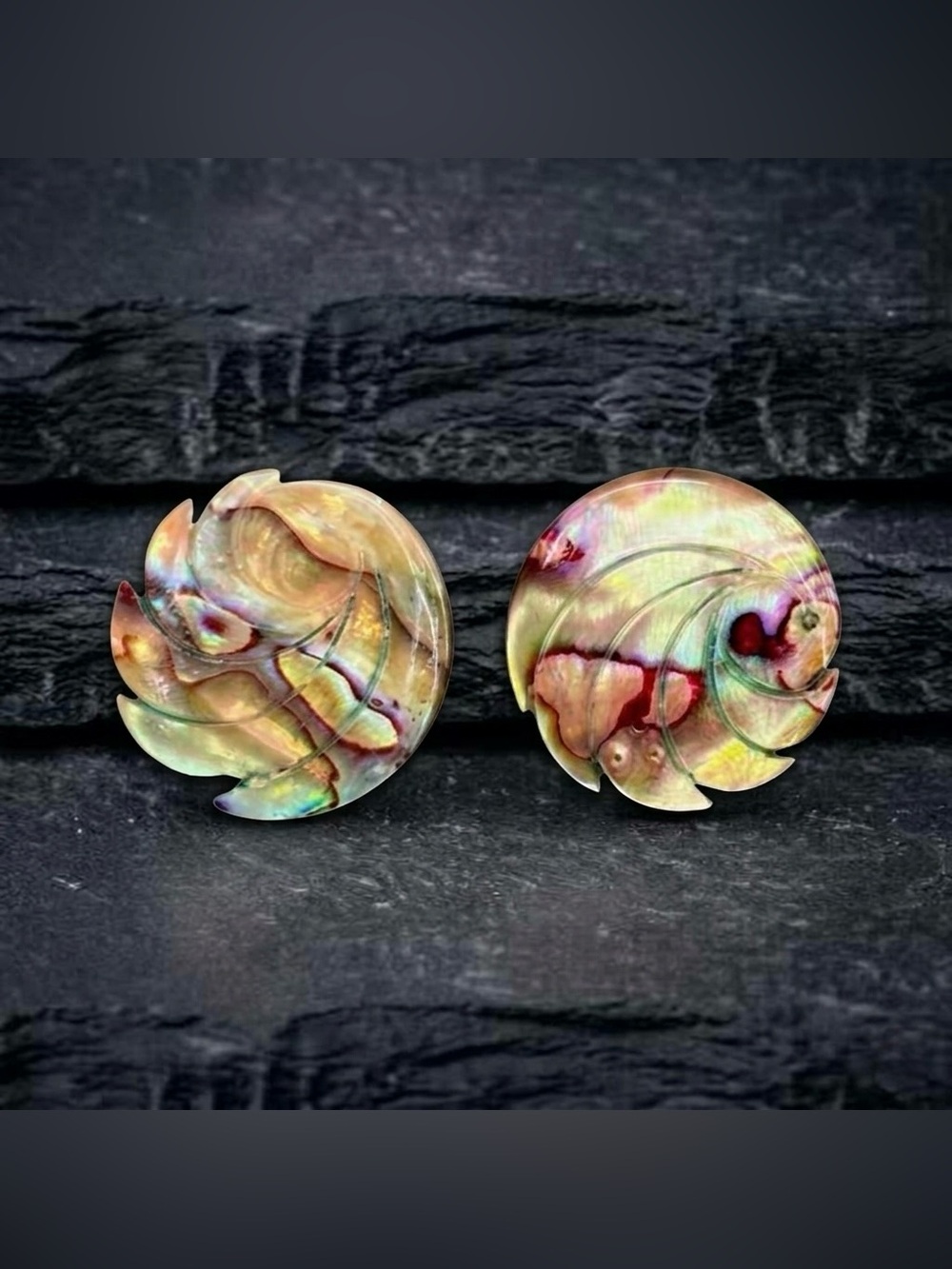 Vintage 60s Abalone Shell Carved Swirl Whirlpool Nautical Beach Clip On Earrings